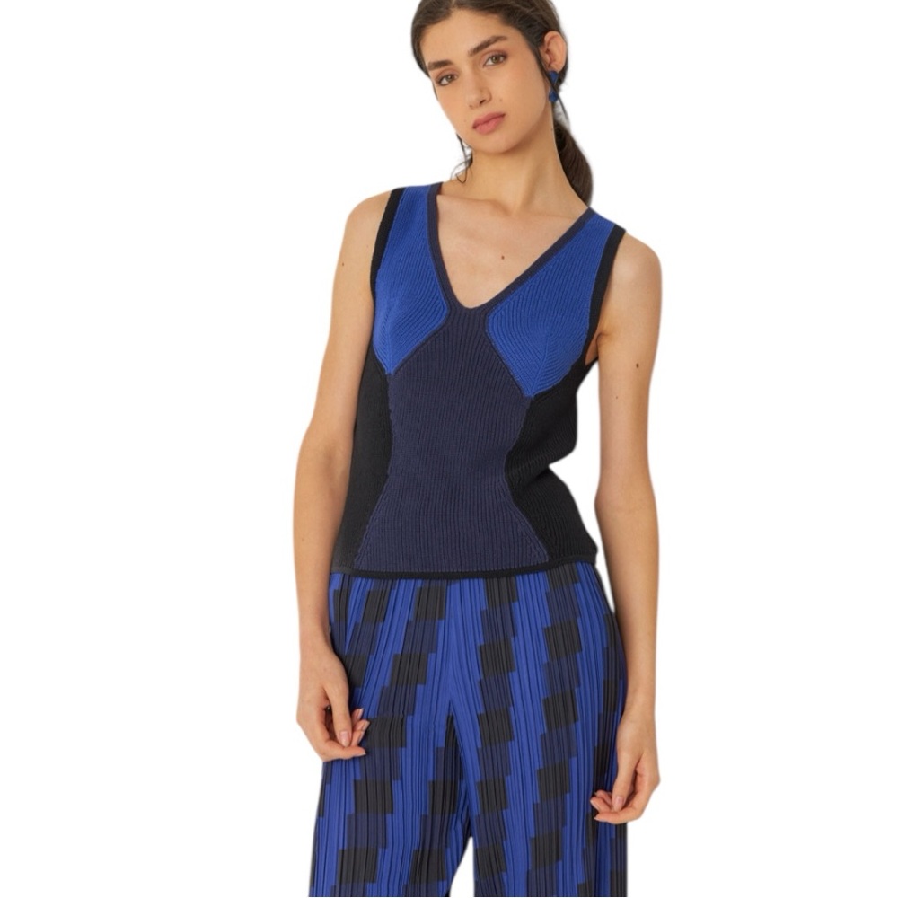 NWT SKFK Gares Blue Black Sleeveless V-Neck Sweater Knit Tank Size 6 Reg. $99